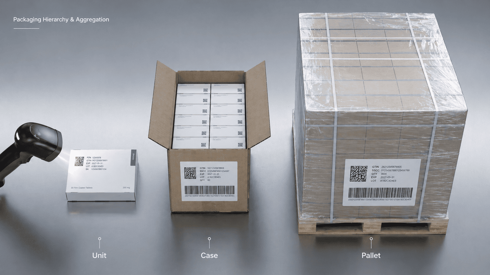 SFDA pharmaceutical packaging level hierarchy showing secondary pack, case, and pallet with GS1 DataMatrix and SSCC labels
