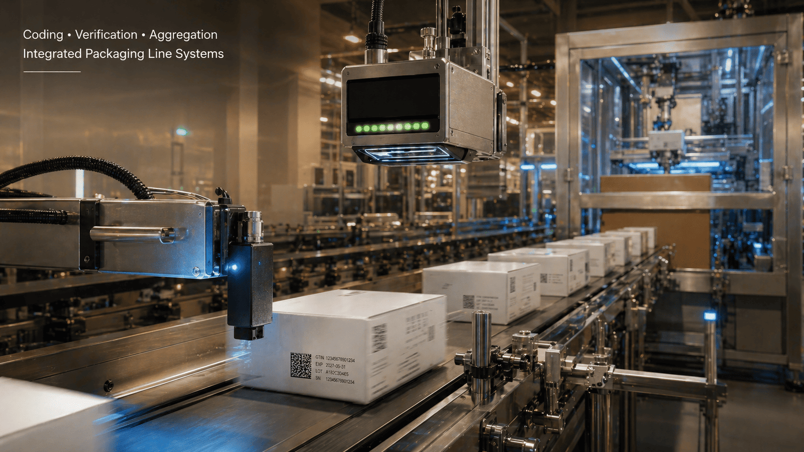 High-speed pharmaceutical packaging line with thermal inkjet coder and inline barcode verifier scanning GS1 DataMatrix codes on moving cartons