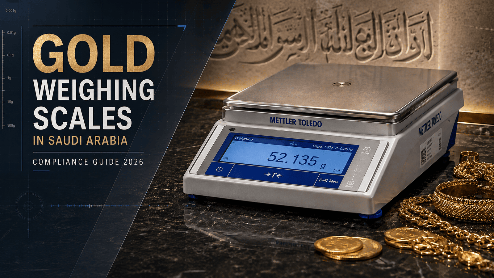 موازين الذهب في المملكة العربية السعودية — ميزان رقمي دقيق مع مجوهرات ذهبية في ورشة صياغة سعودية