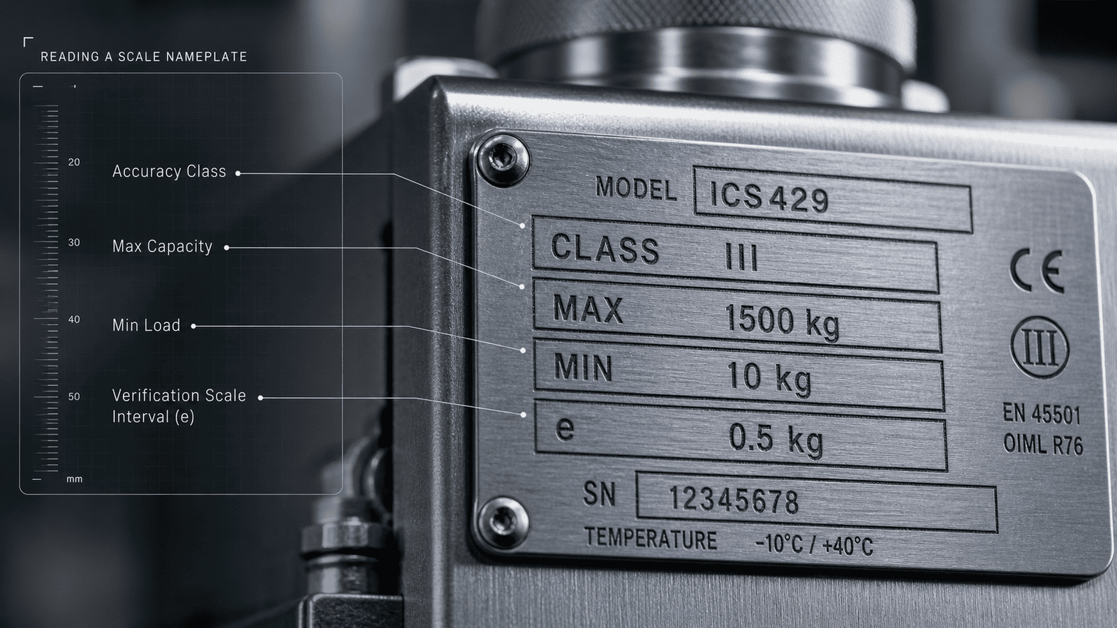 Industrial scale nameplate showing OIML accuracy class markings and verification scale interval