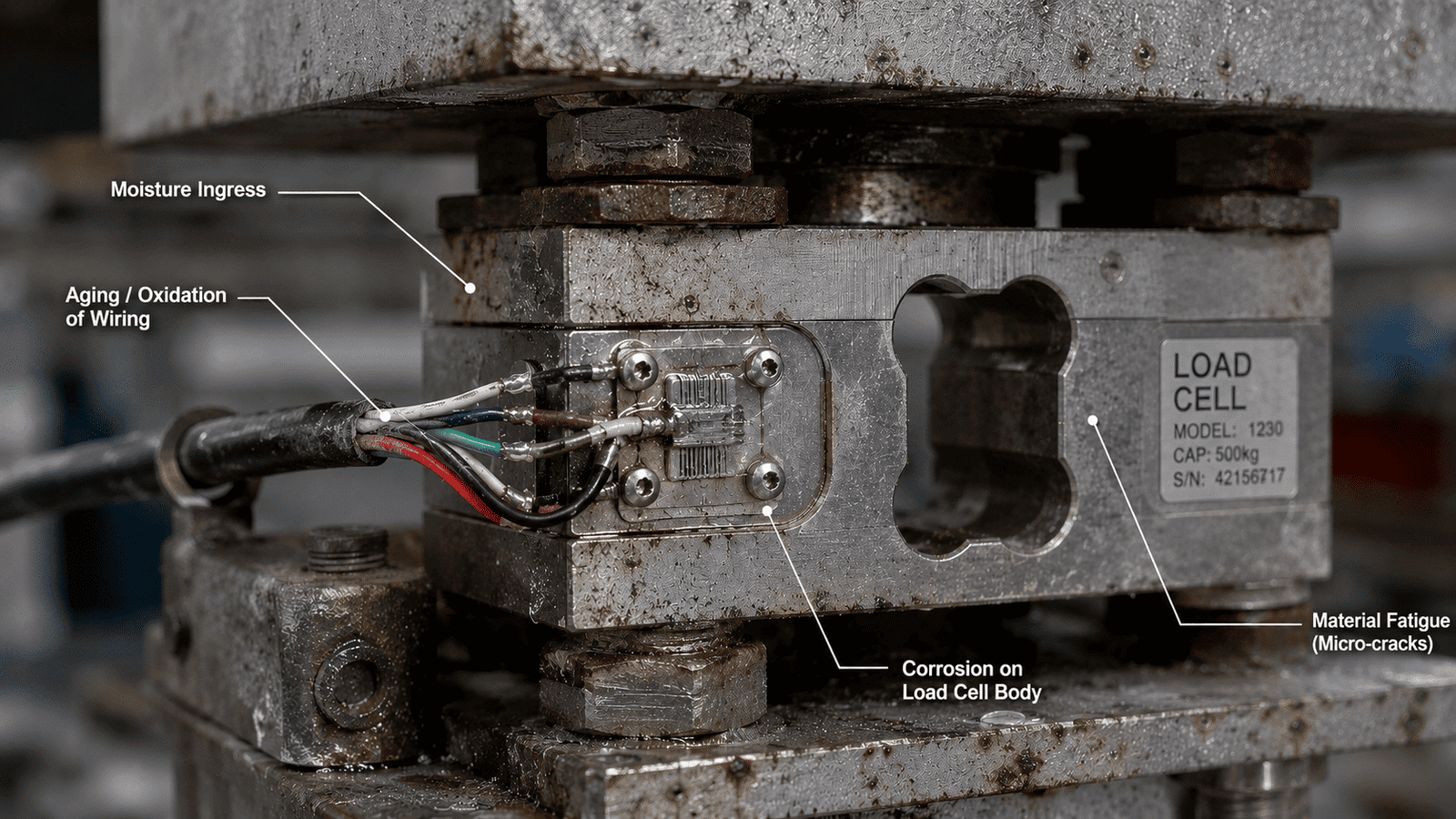 Close-up of industrial load cell showing environmental wear and calibration hardware
