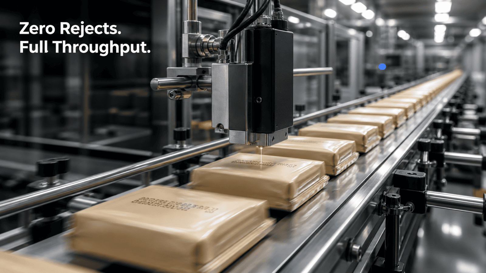High-speed Saudi production line with correctly coded products moving under a CIJ industrial printer head