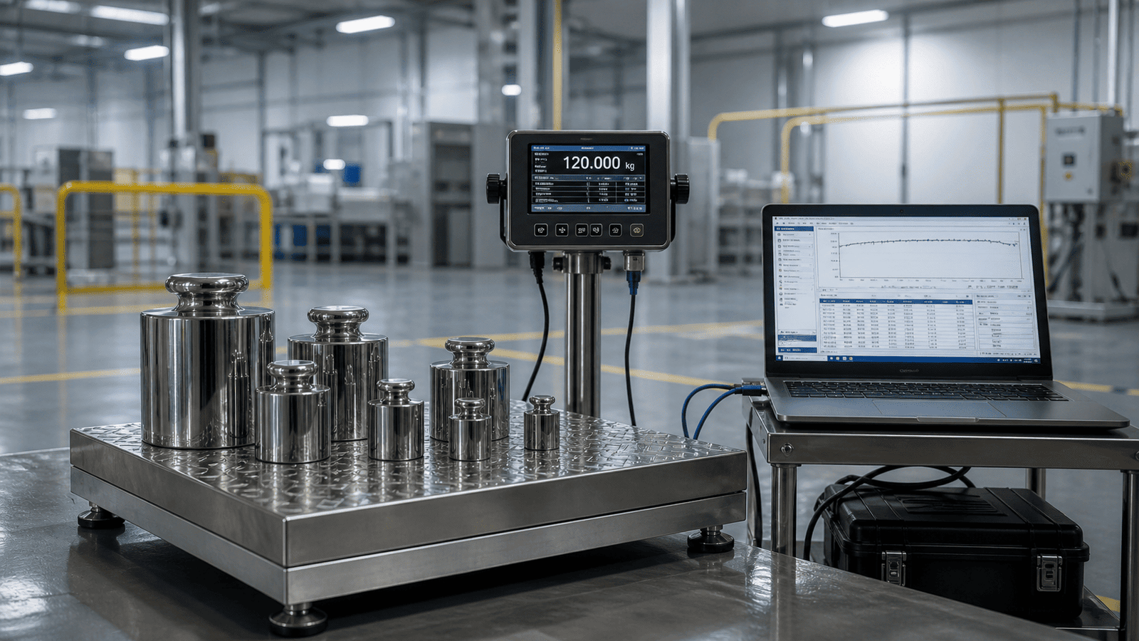 Professional third-party calibration setup — industrial platform scale with certified test weights in a Saudi GCC facility