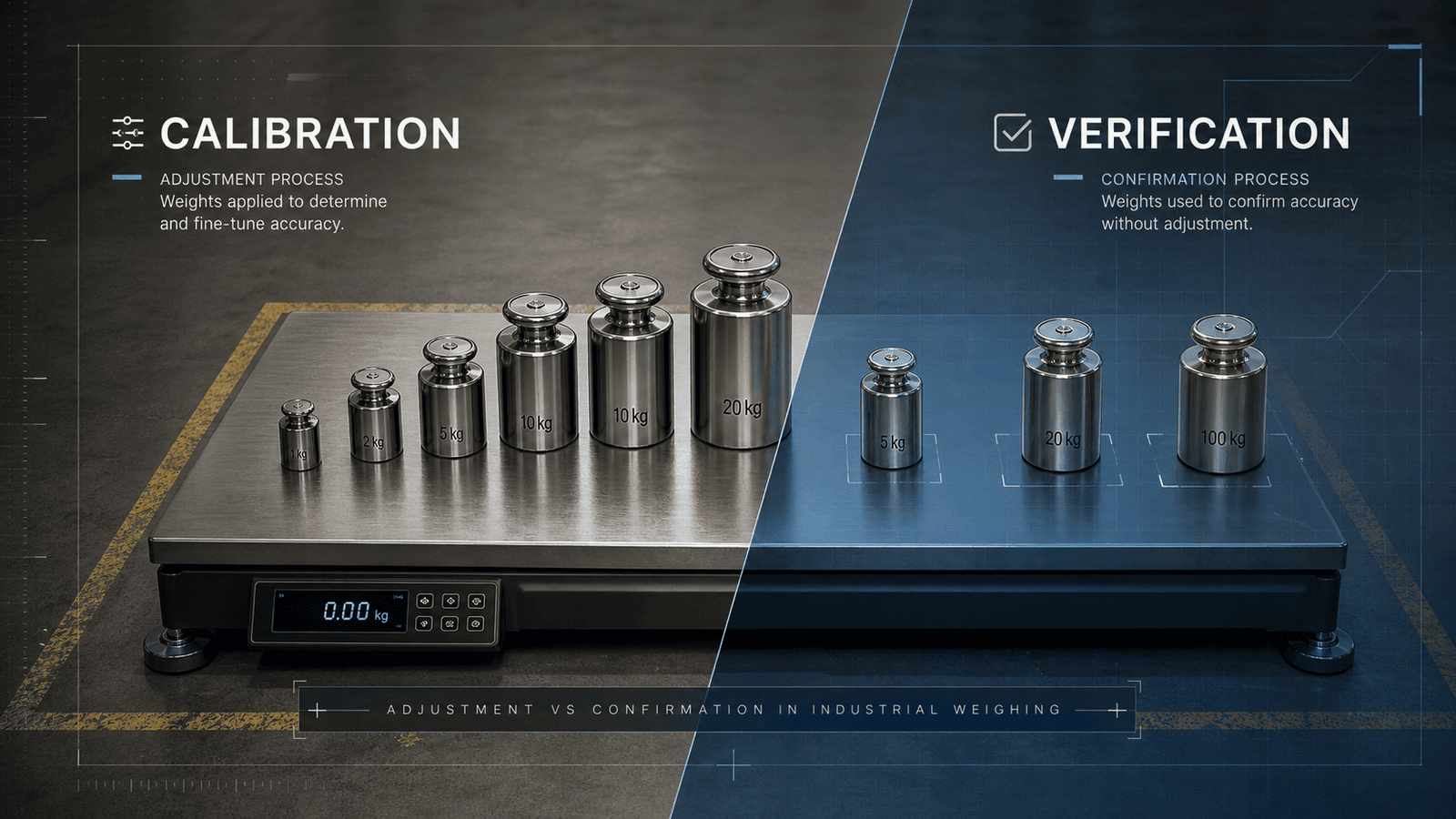 Calibration test weights arranged on an industrial floor scale during verification procedure