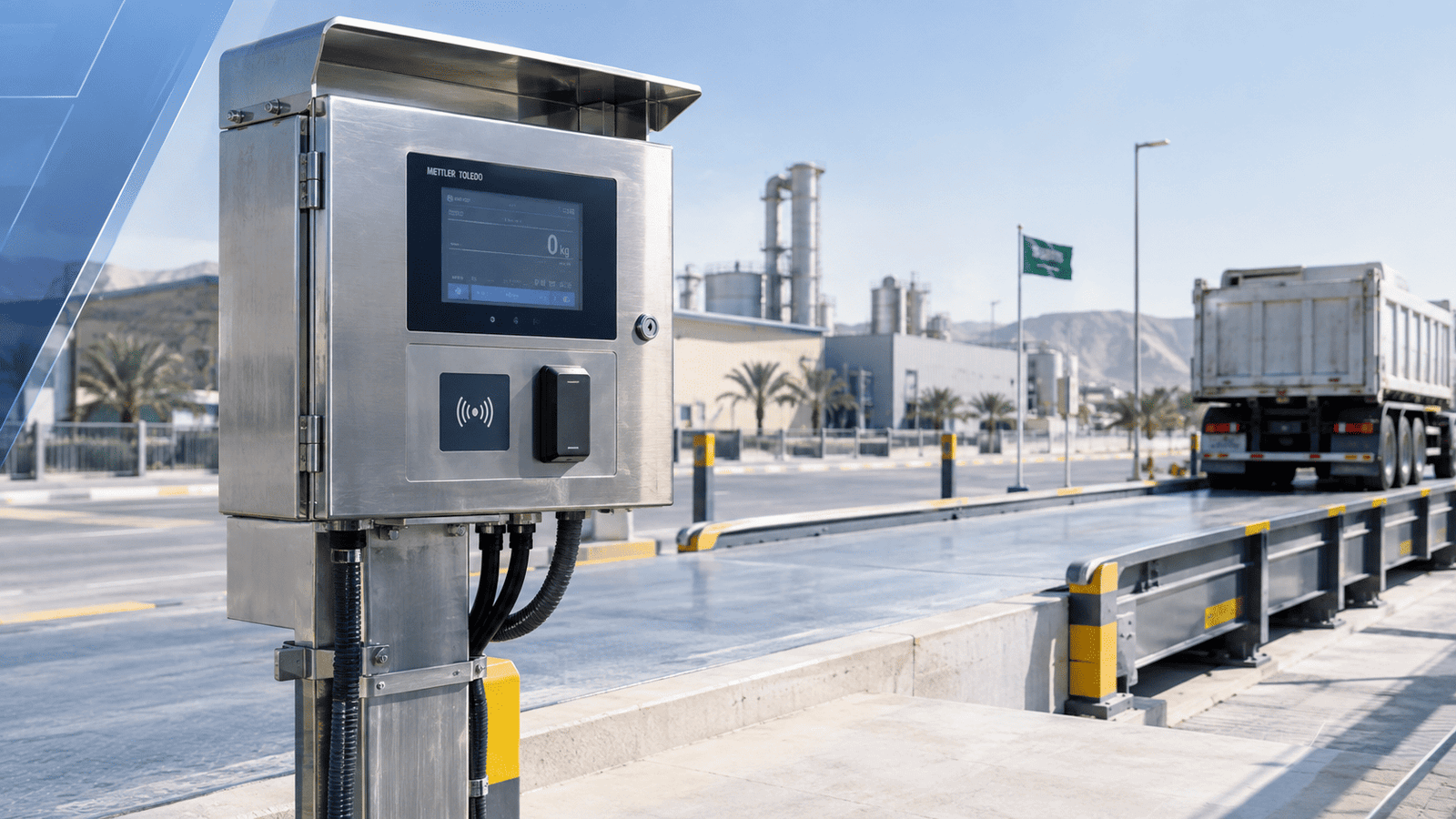 Close-up of an IP-rated stainless steel unattended weighbridge terminal with an RFID card reader at a Saudi Arabian industrial site