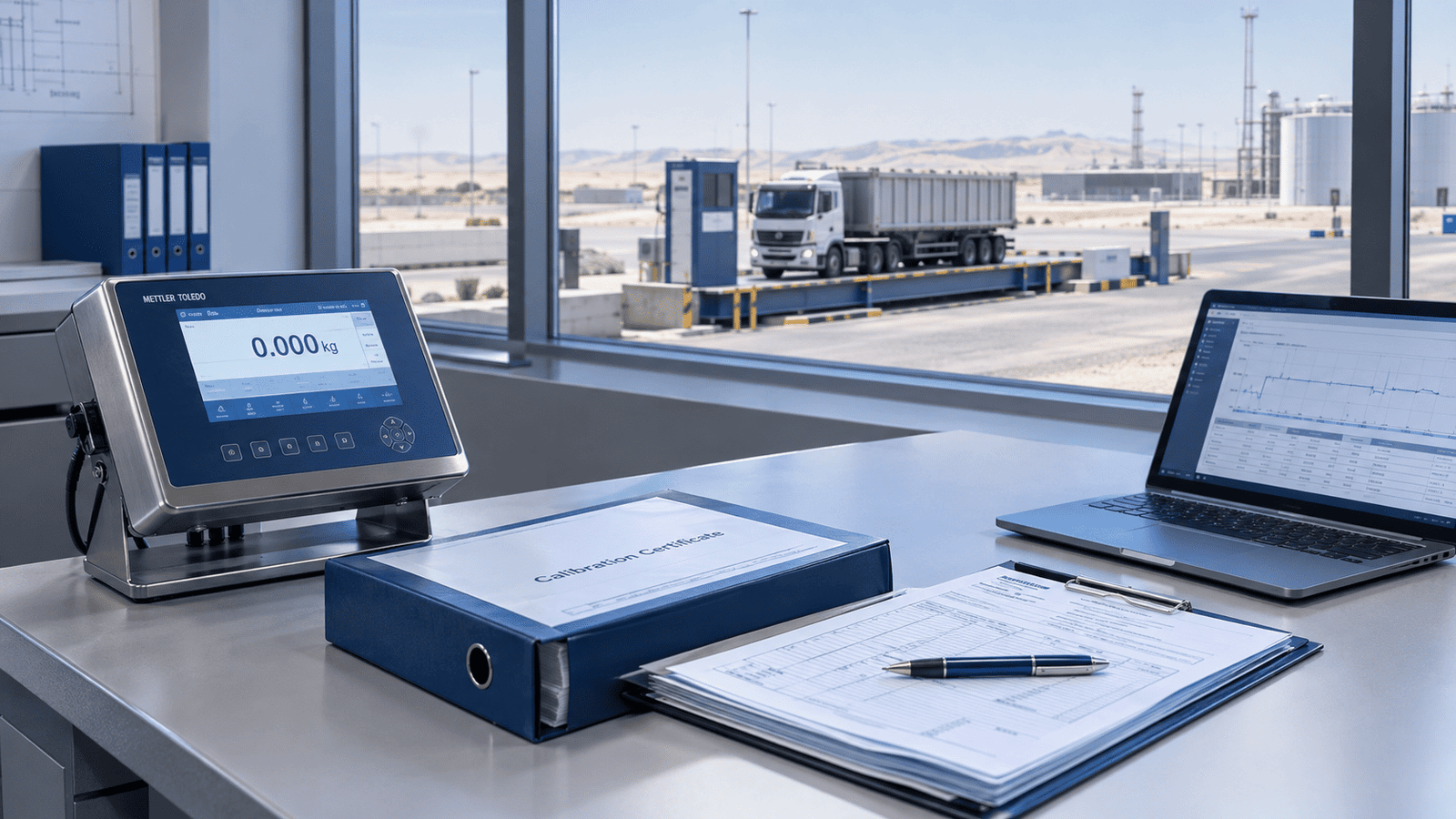 A quiet industrial control room desk with a calibration certificate binder, a laptop, and a handheld weighing indicator device