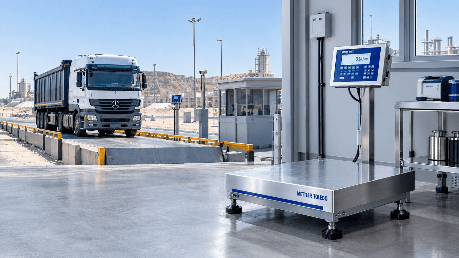 A close-up shot of an industrial RFID weighbridge terminal mounted on a stainless steel pole at a Saudi Arabian logistics gate