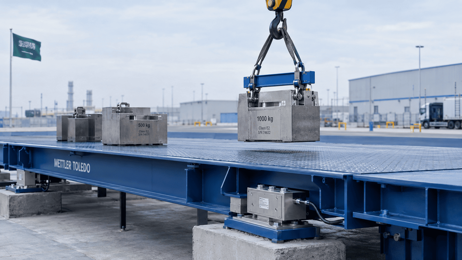 Certified calibration test weights being lowered onto a weighbridge platform in Saudi Arabia